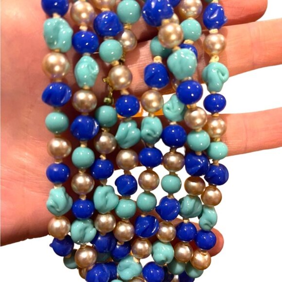 Antique Handmade CZECH Glass blue fancy bead & pearl necklace 48” LoNG - Picture 10 of 12
